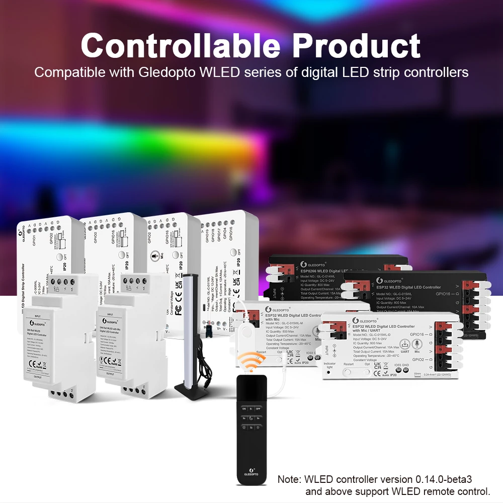 Imagem -05 - Gledopto-controle Remoto sem Fio Luz Noturna Wled Rgb ic Esp Wi-fi Ajuste de Brilho Cenas 50m Distância