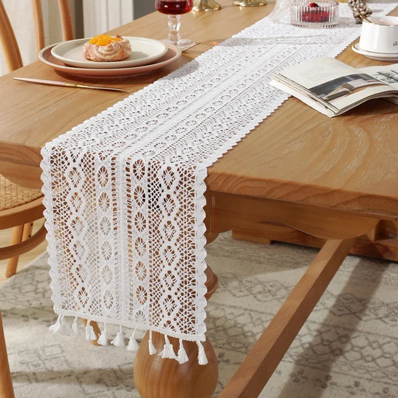 Vintage Lace Table Runner Cotton Hollow-out Tablecloth with Tassel For Baby Shower Birthday Wedding Table Decor Party Supplies