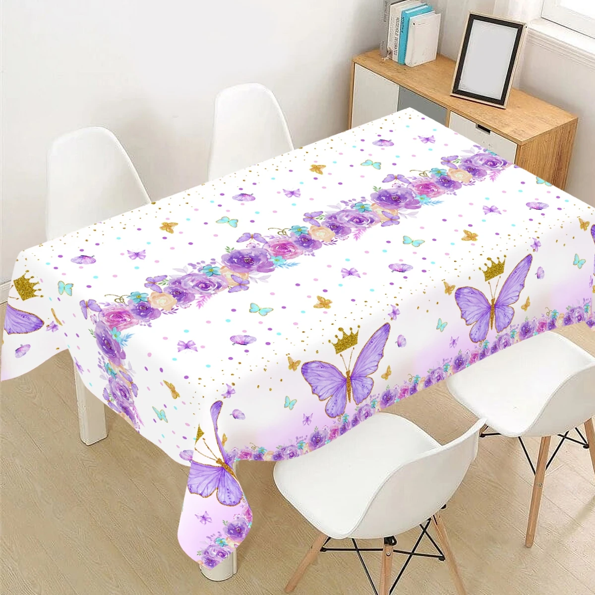 1pc Purple Butterfly Table Cloth Plastic Table Cover with Crown and Flowers for Kitchen Home Summer & Spring Indoor/Outdoor Deco