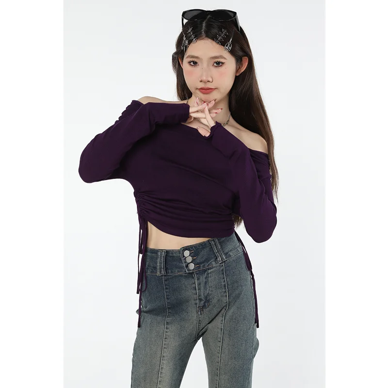 Women Purple Drawstring Knitting Shirt Short Straight Collar Vintage American Fashion Female Long Sleeves Casual Spring Pullover