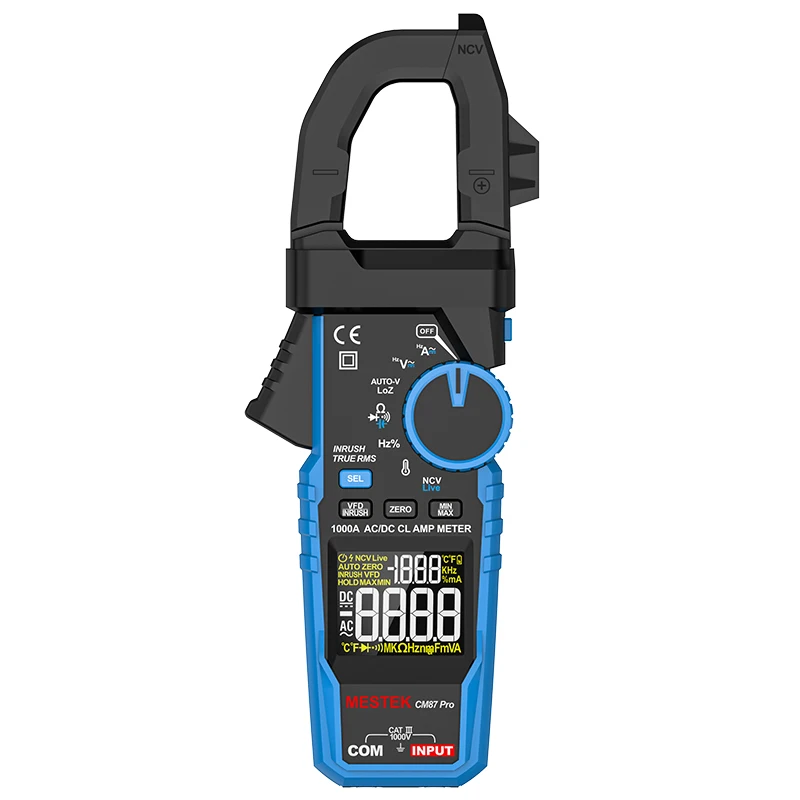 

MESTEK Auto Range Clamp Meter 1000A AC DC True RMS Digital Clamp Meter VFD INRUSH Amperie Capacitance K Type Temp Ohm Hz Tester