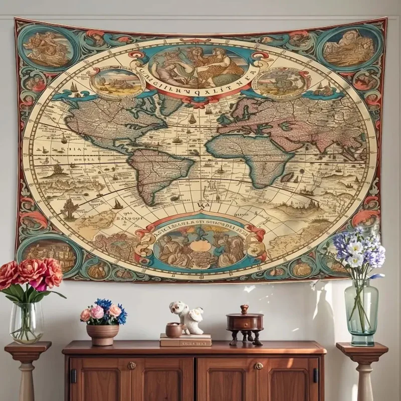 VIKAMA runder Wandteppich mit Weltkarten-Motiv, künstlerischer Vintage-Wandbehang für Schlafsäle und Wohnzimmer