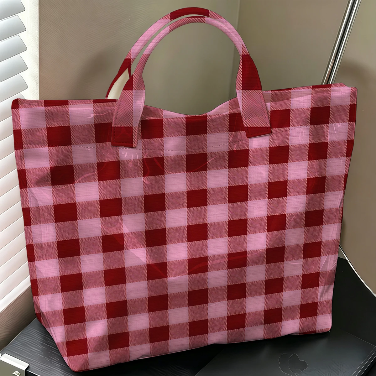 Burgundy Gingham Cute Large Glossy PVC Tote Bag Hand Washable Lightweight Soft Great for Travel Commute Makeup Storage Handbags
