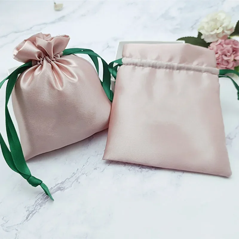 Silk Pink Satin Gift Bags Jewelry Drawstring Sack 6x8cm/7x10cm/9x12 Eyelashes Makeup Lipstick Storage Pouches Custom Print Logo