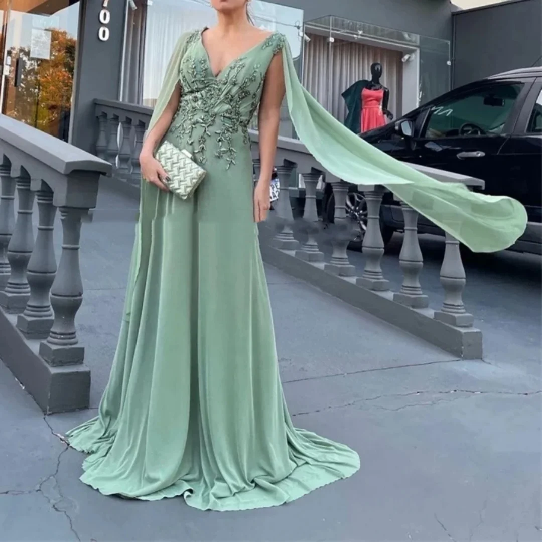 Elegant green deep V-neck women's floor mopping Arab Dubai evening dress formal occasion sleeveless dress 2024