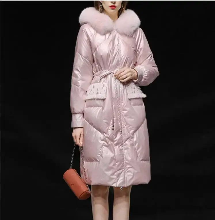

winter new women's fashion bead fox fur collar long down jacket