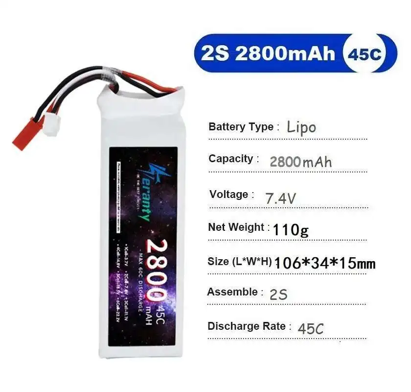 TERANTY 2800mAh 7.4V 11.1V 14.8V 22.2V リポバッテリー RCクアッドコプター ヘリコプター 車 ボート ドローン用 45C 2S 3S 4S 6S 2個入り