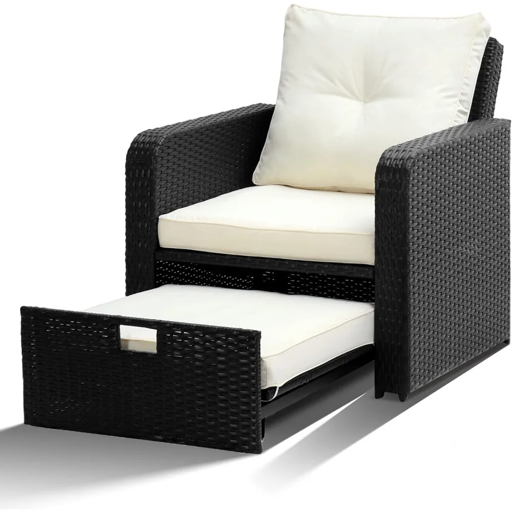 

Outdoor Patio Sofa Chair with Cushion Black Rattan Convertible Furniture Waterproof Thick Cushion for Backyard Easy Assemble