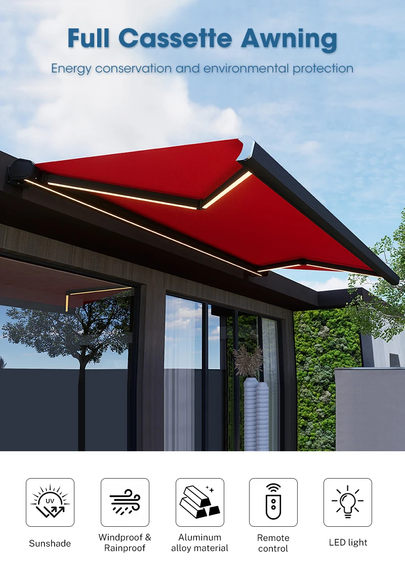 Outdoor Aluminum Alloy Frame Awning Full Cassette Design 3m Acrylic-Coated Terrace Balcony Sun Protection 5m Powder Coated