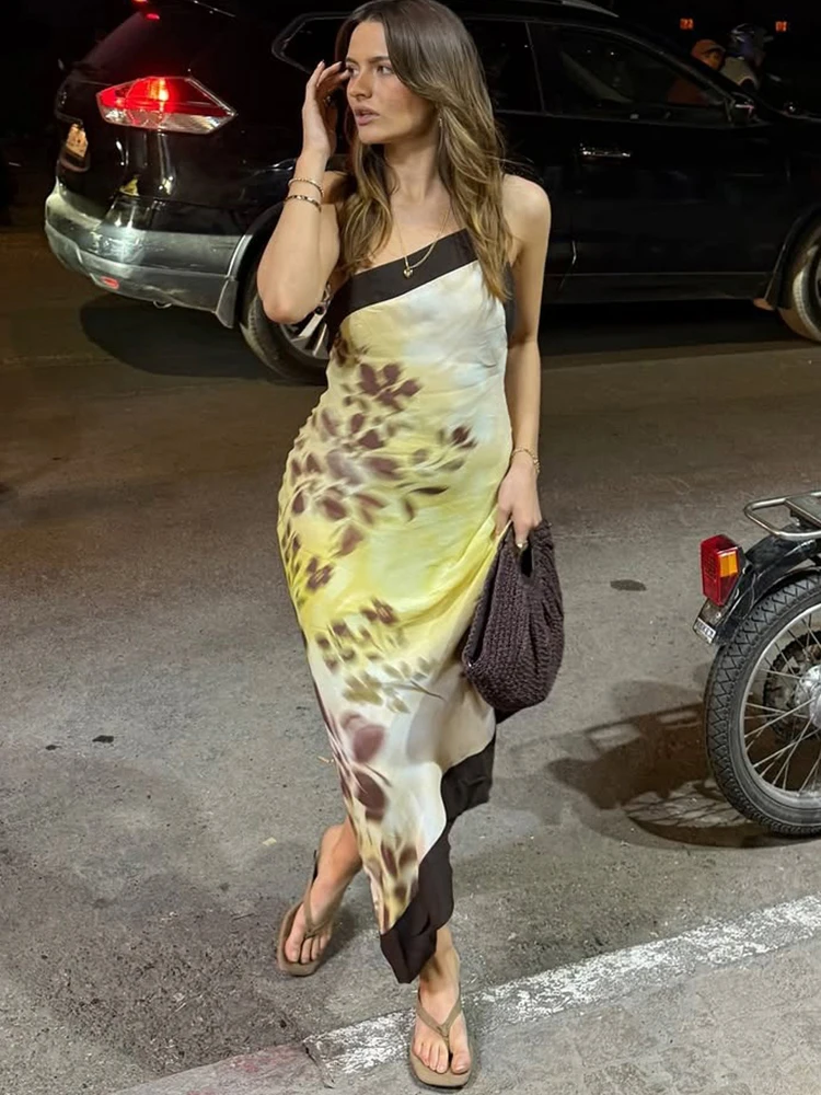 Nibber Sling-Kleid mit unregelmäßigem Saum und Pflaumenblüten-Print für Damen, Sommertrend, schräger Kragen, rückenfrei, Streetwear, eleganter Stil, lang, figurbetont – Detail 13
