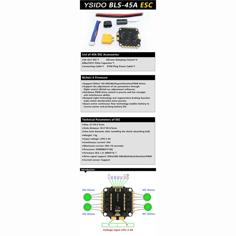 SQPP-BLS-45A 4In1 ESC 2-6S FPV ESC 30X30mm RC FPV 드론용 Dshot300-600/멀티샷/Oneshot/PMW 지원
