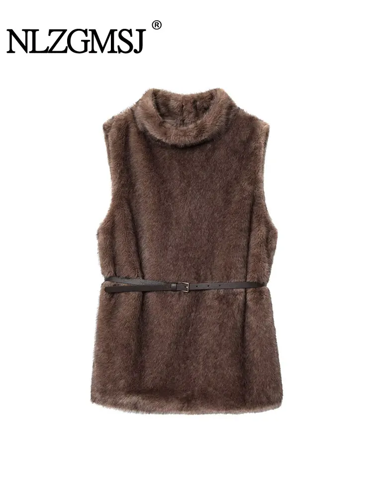 

NLZGMSJ Women's Autumn Winter New Solid Faux Fur Vest For Women Sleeveless High Collar Female Outwear Plush Fur Women's Vest