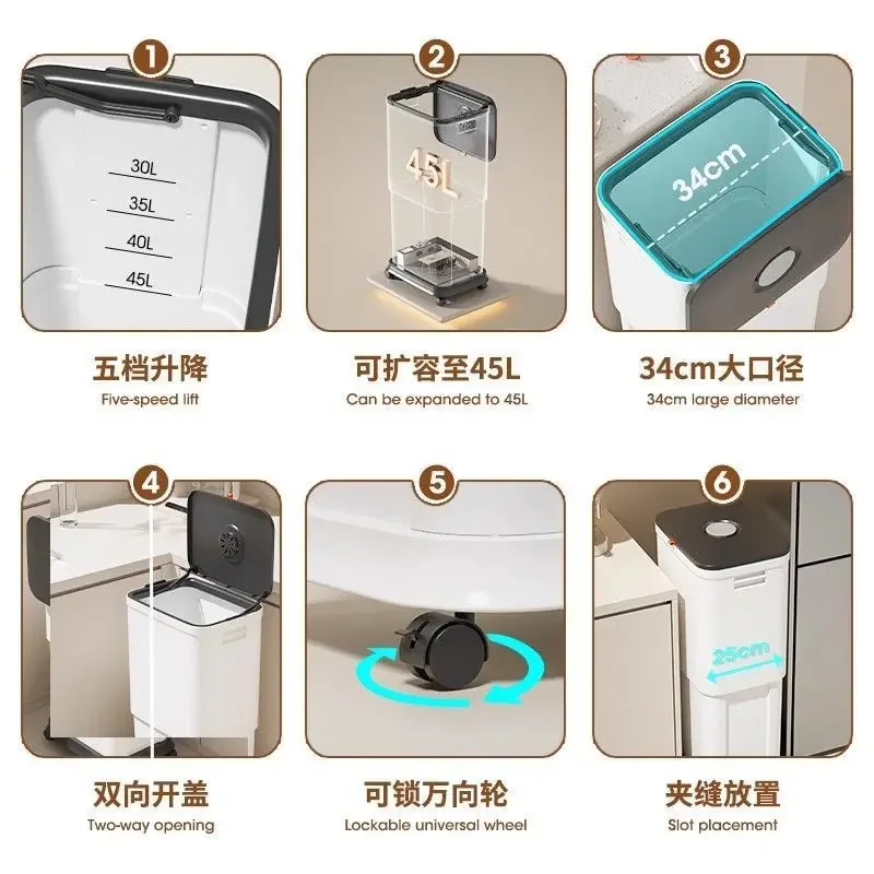 Kitchen special trash can household 2025 new with wheels movable large capacity sliding cover lifting high food waste