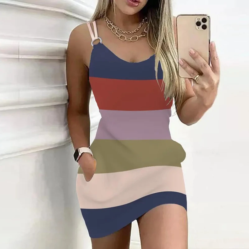 Vestido de verano de punto a rayas con cuello en U para mujer, elegante vestido de fiesta informal sin mangas con tirantes, Bodycon para playa, 2023