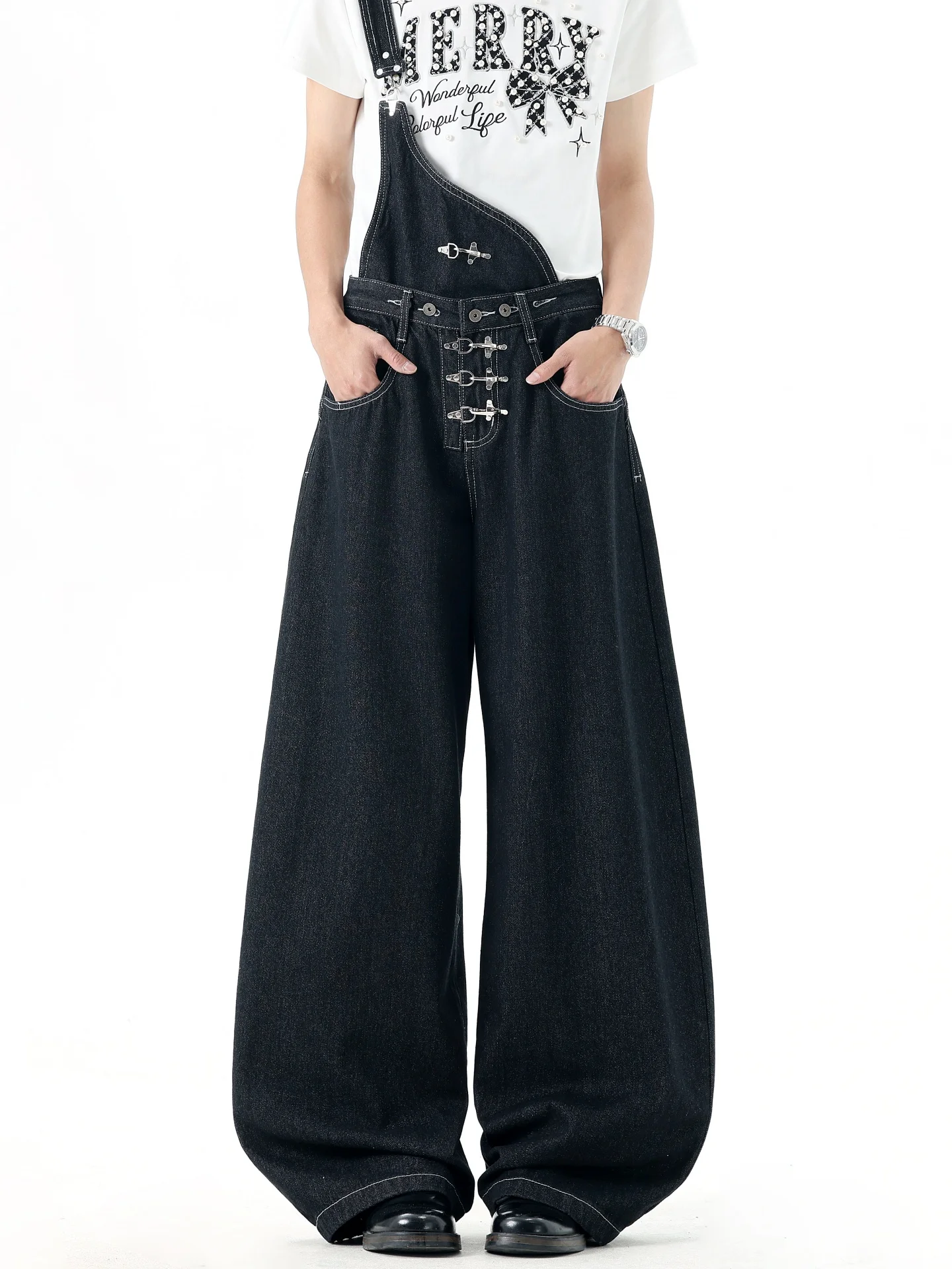 Retro American Denim Knife  Men's Jeans Street Style Loose Wide Leg Aircraft Buckle Baggy Single Shoulder Strap Pants