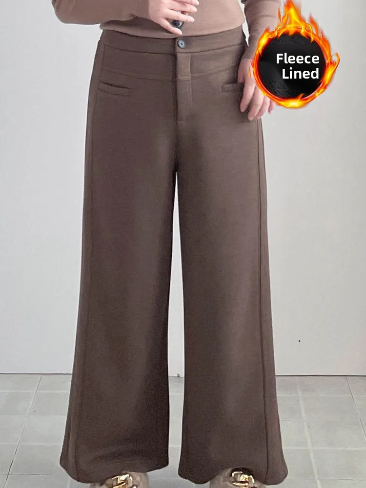 

Шерстяные брюки больших размеров с флисовой подкладкой, широкие, с высокой талией, в корейском стиле, для офиса, для фигуры типа «груша», длиной 7/8