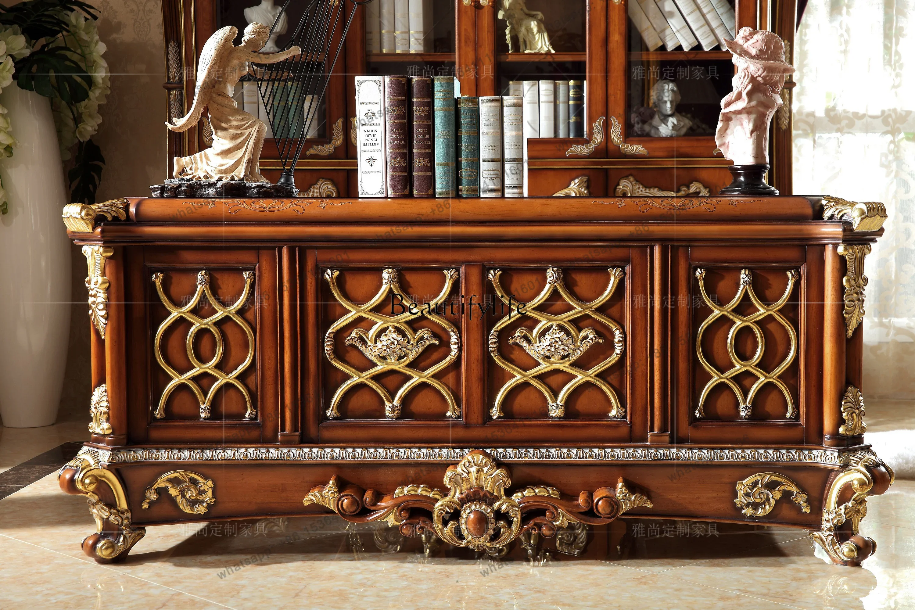 LJYClassical office computer desk, large desk, solid wood gold-painted European-style villa, luxury desk