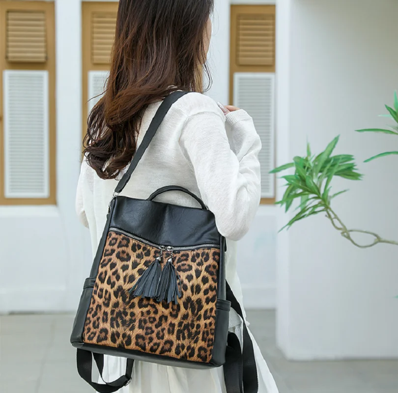 2026 Fashion Vintage Leopard Tassels Designer Leather Backpacks Women's High Capacity Travel Shoulder Bags Totes Crossbody Bag