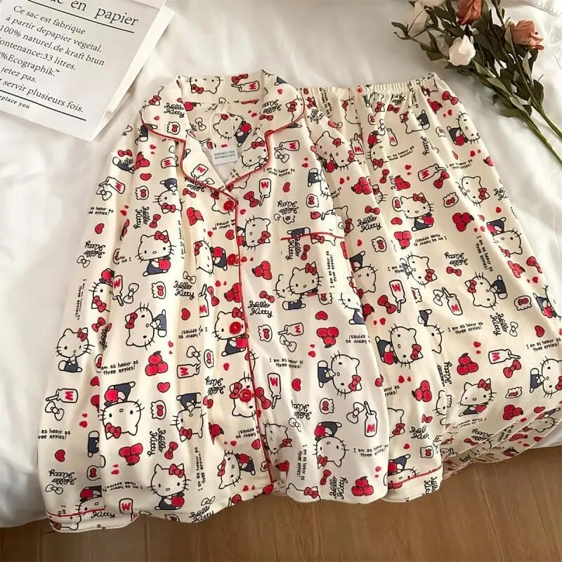 

Kawaii Sanrio Hello Kitty Pajama Set Terylene Brushed Women Students Dormitory Home Cute Autumn Winter Thickened Warm Sleepwear