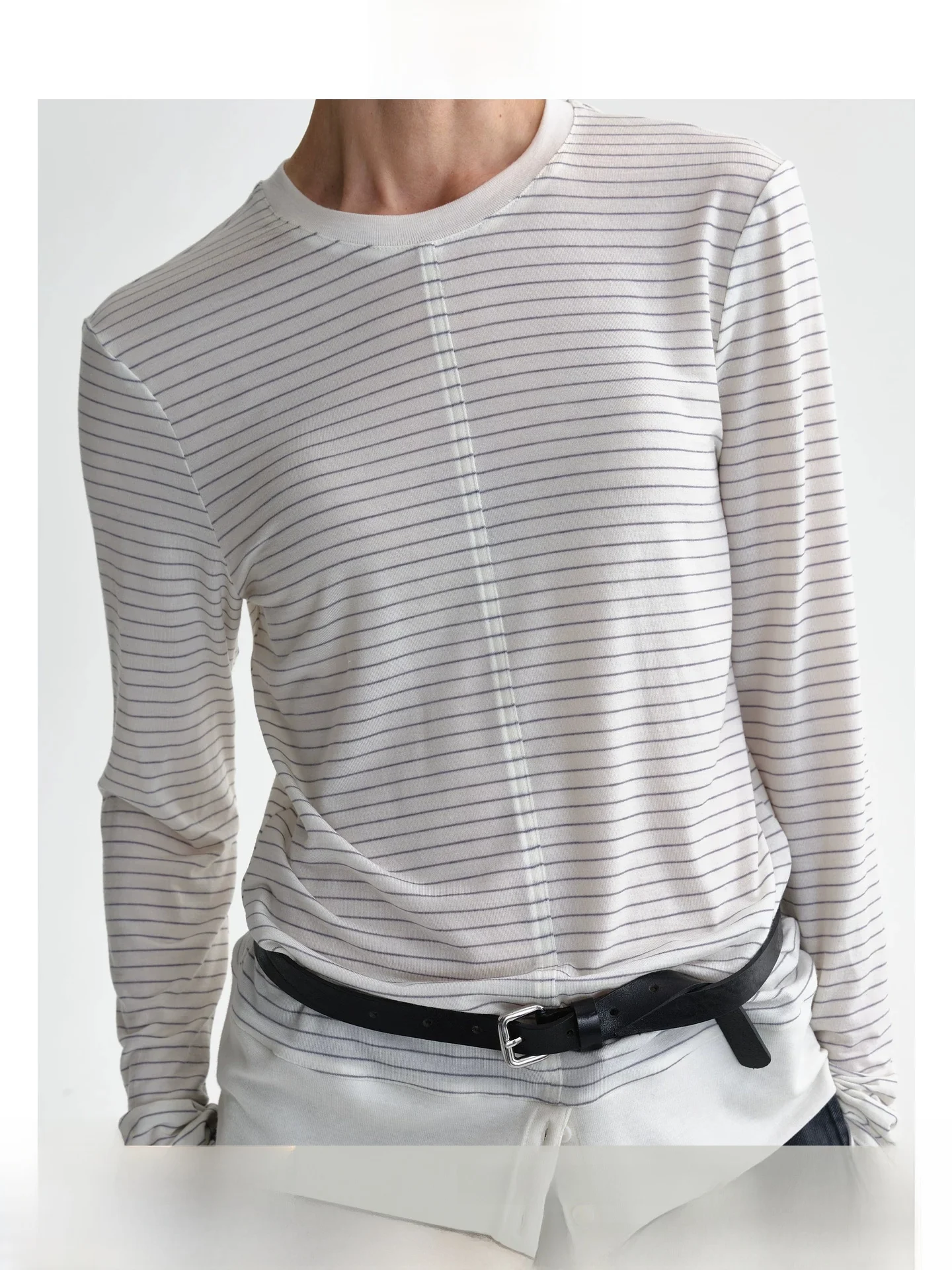 

Soft Wool Blend Striped Split Button T-Shirt Women's Commute Style Standard Fit Long Sleeve round Neck Classic Pattern