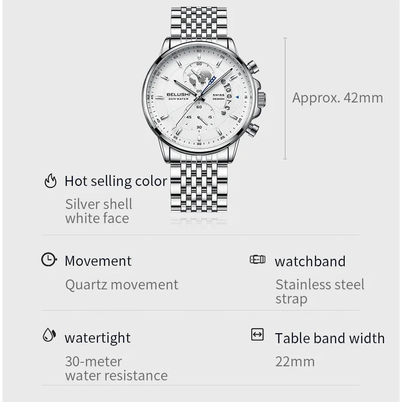 BELUSHI Hot Style Mens Watches Steel Strap Date Quartz Clock Sport Chronograph Men Watch Luminous Waterproof Wristwatches