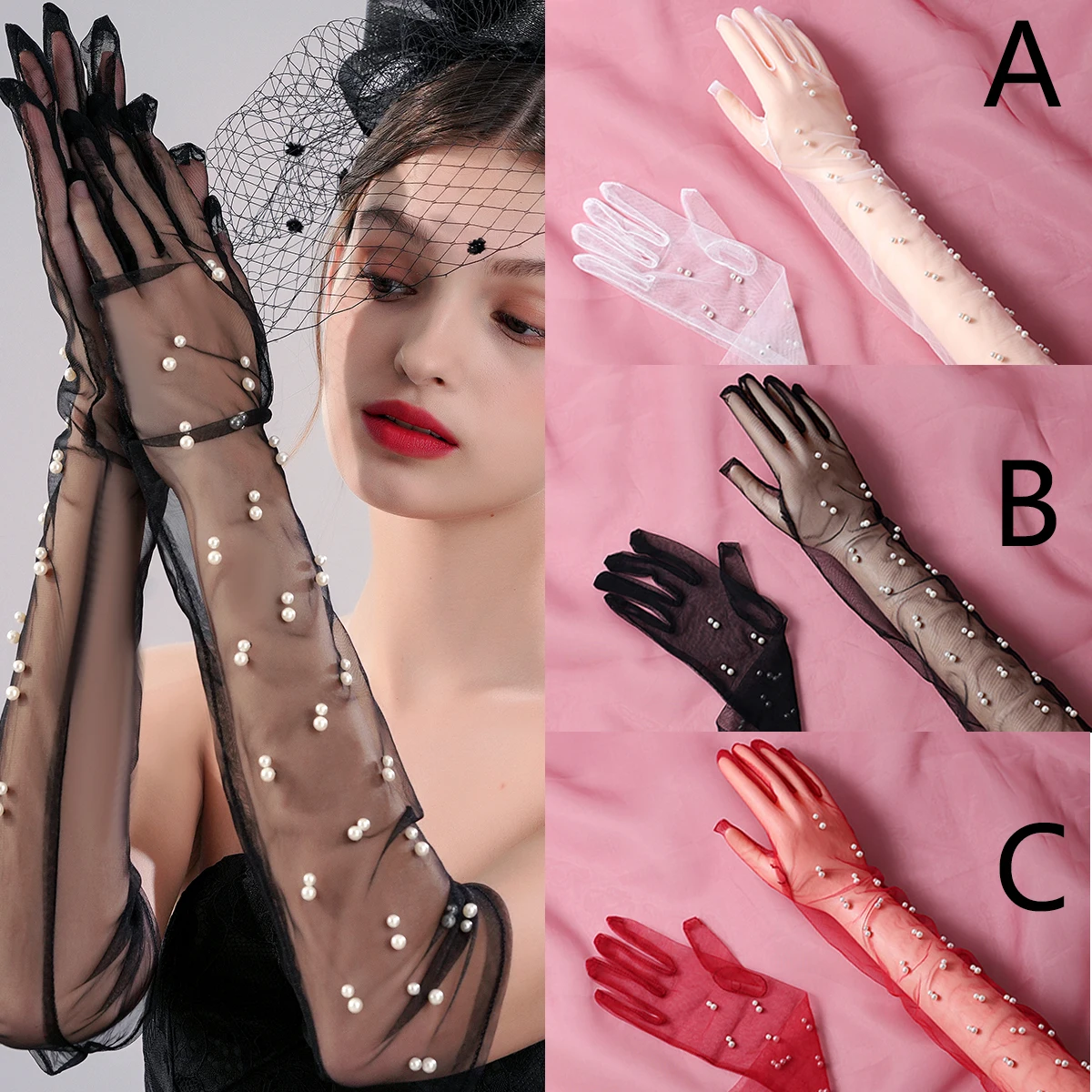 Un par de guantes transparentes de estilo fingered hasta el codo, adecuados como accesorios para bodas de novia o bailes de mujer