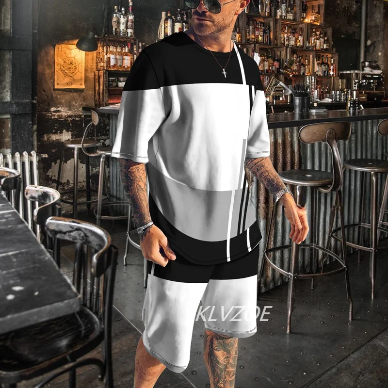 Summer men\'s 3D printed T-shirt set two-piece men\'s T-shirt short sleeved+shorts casual sports set