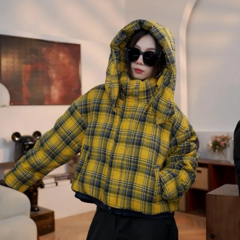 Winter Women Down Jacket Checkered White Duck Down Short Coat Warm Puffer Jacket Winter Coat Women Long-Sleeve Crop Top Y2k