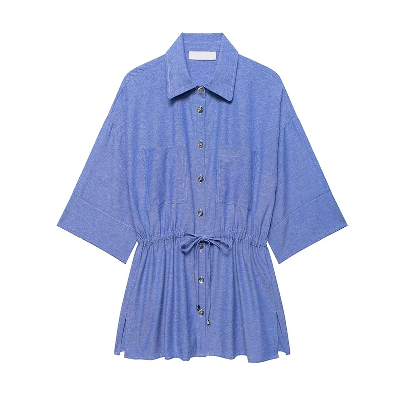 

YENKYE New 2026 Women Blue Safari Shirt Front Patch Pockets Adjustable Waist With Tie Casual Long Shirts