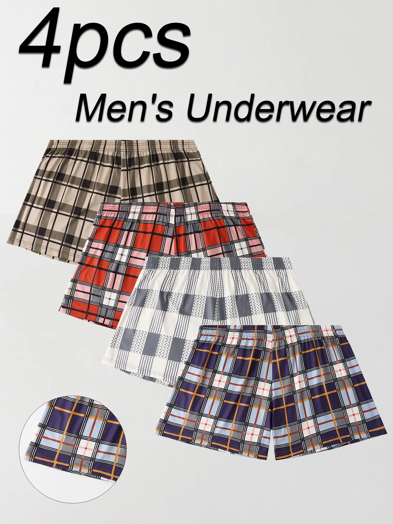 Set da 4 pezzi di boxer larghi casual da uomo, biancheria intima intima intima da uomo stampata a quadretti comoda e traspirante