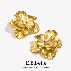 E.B.belle Retro Flower Double Layer Earrings Water Resistant 316L Stainless Steel Accessories 18K Gold Plated Jewelry