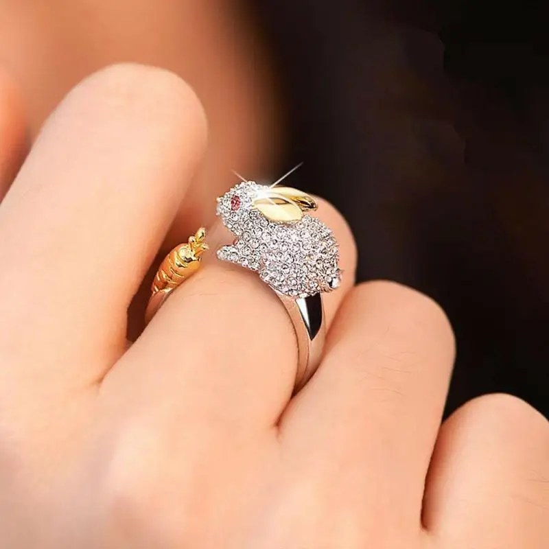 Milangirl  Cubic Zirconia Open Wedding Adjustable Rings Cute Finger Ring Bunny Animal Jewelry Rabbit shape Rings for Women