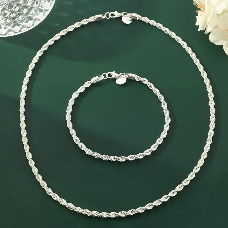 

2pcs 925 Sterling Silver Necklace Bracelet For Men And Women Simple Hip Hop Style 4mm Twisted Twist Rope Iron Chain Lobste