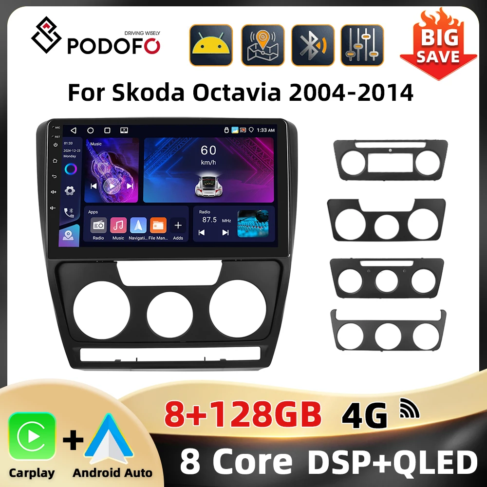 Podofo 10.1 ''2Din Car Audio For Skoda Octavia 2004-2014 Multimedia Player WIFI 4G GPS Navigation Carplay Android Auto Car Radio