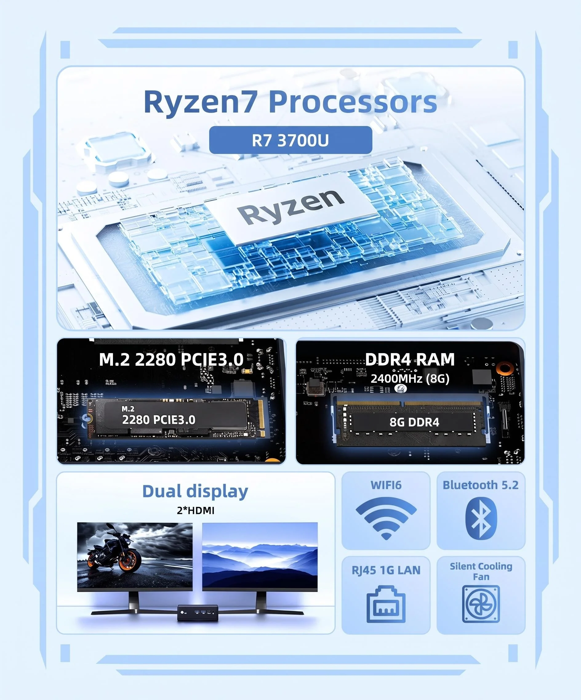 TexHoo Mini PC AMD Ryzen 7 3700U Windows 11 BT5.2 WiFi6 4K HDMI*2 DDR4 8GB M.2 2280 SSD 256GB Desktop Computer Plug and Play