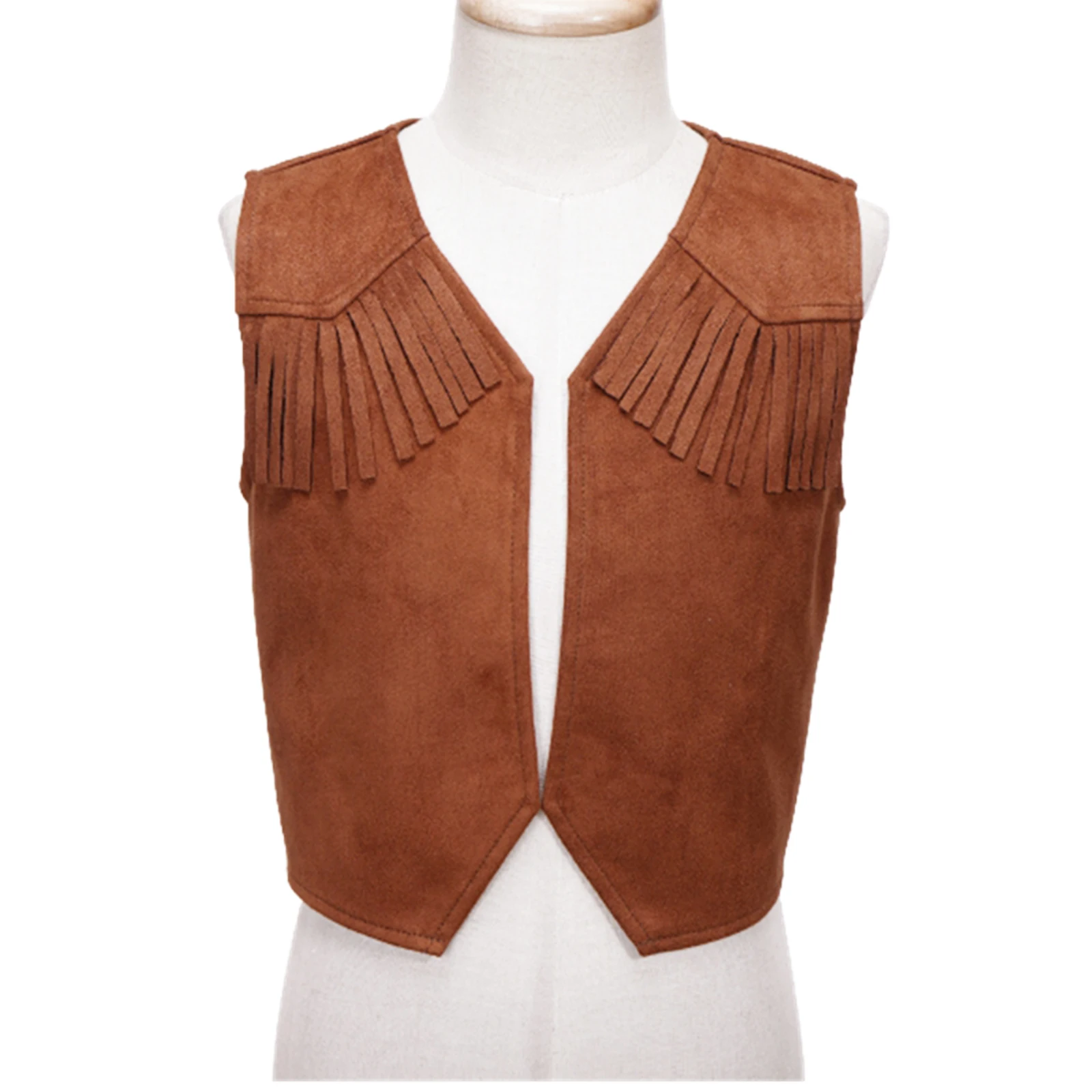Kids Boys Girls Western Cowboy Cowgirl Cosplay Costume Fringe Decor Open Front Vest Waistcoat for Halloween Theme Party Carnival