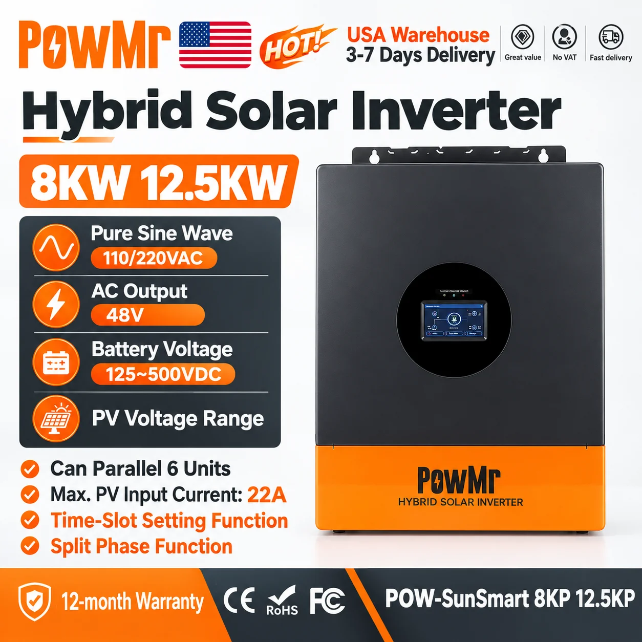 PowMr 12.5KW 8KW 48V Hybrid Solar Inverter Time-of-use function Split Phase 110/220V Output With Pure Sine Wave Dual MPPT 200A Controller Max PV 125-500VDC 18000W Input Can Parallel 6 Unit Off Grid UPS Support Lithium Lead Acid Battery for Backup Power