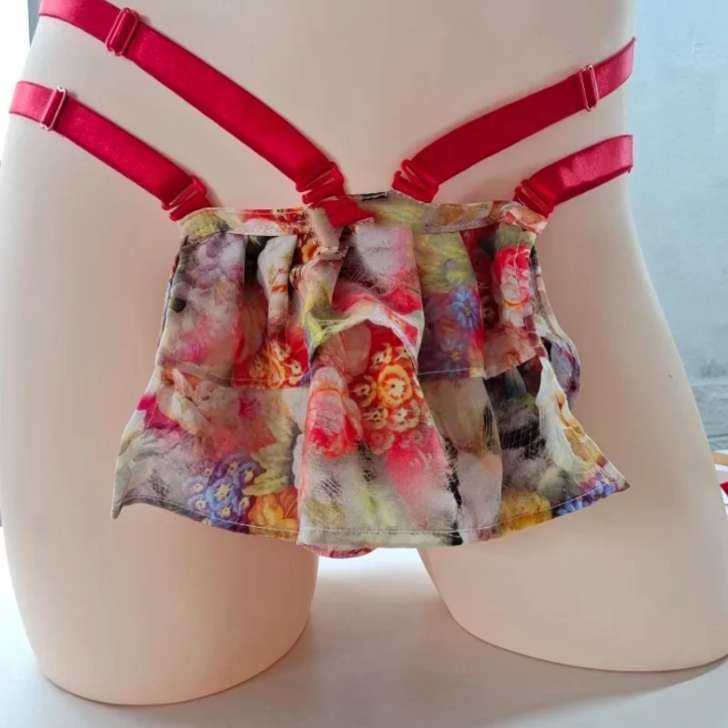 

Men's Sexy Silk Floral Double Ruffled Pouch Skirt Thong Multi Belt Adjustable Cross G-string Briefs Couple BF Erotic T-back