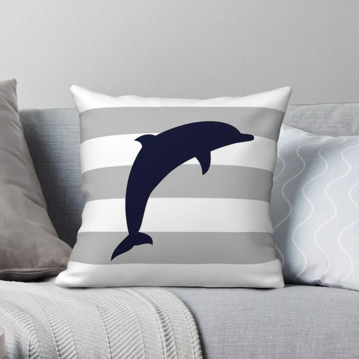 

Navy Blue Jumping Dolphin Pillowcase Polyester Linen Velvet Printed Zip Decor Home Cushion Cover 18"