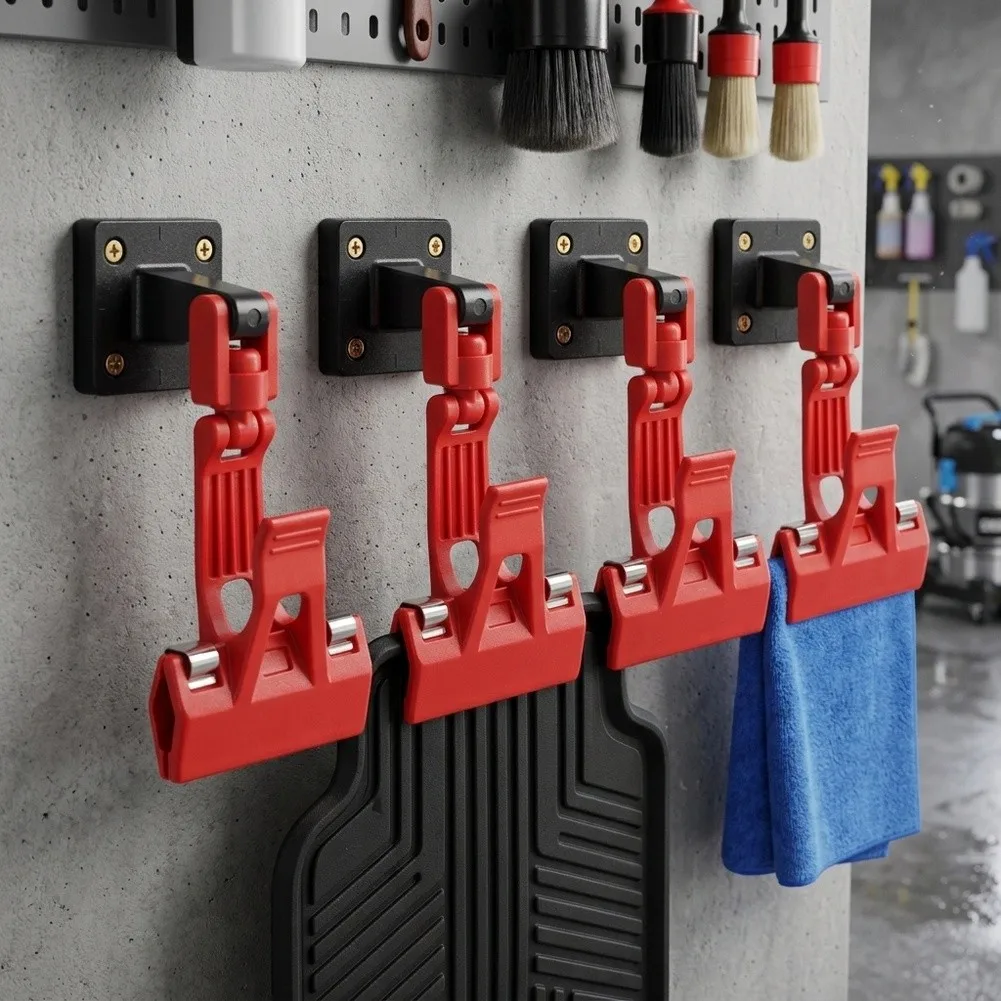 Wall Mount Swivel Car Floor Mat Clamps for Holding Mats Towels and Carpets in Detailing Workspaces and Maintenance Areas