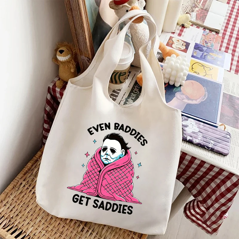 Even Baddies Get Saddies Print Canvas Tote Bag Large Capacity Handbag Travel Shoulder Bag Shopping Bag Fun Killer Halloween Gift