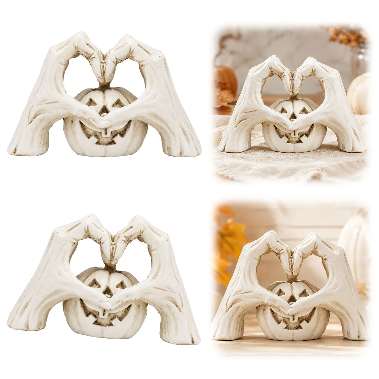 Heart Finger Pumpkin Statue Halloween Desktop Decoration Pumpkin Skeleton Statue Love Ornaments for Home Office Garden