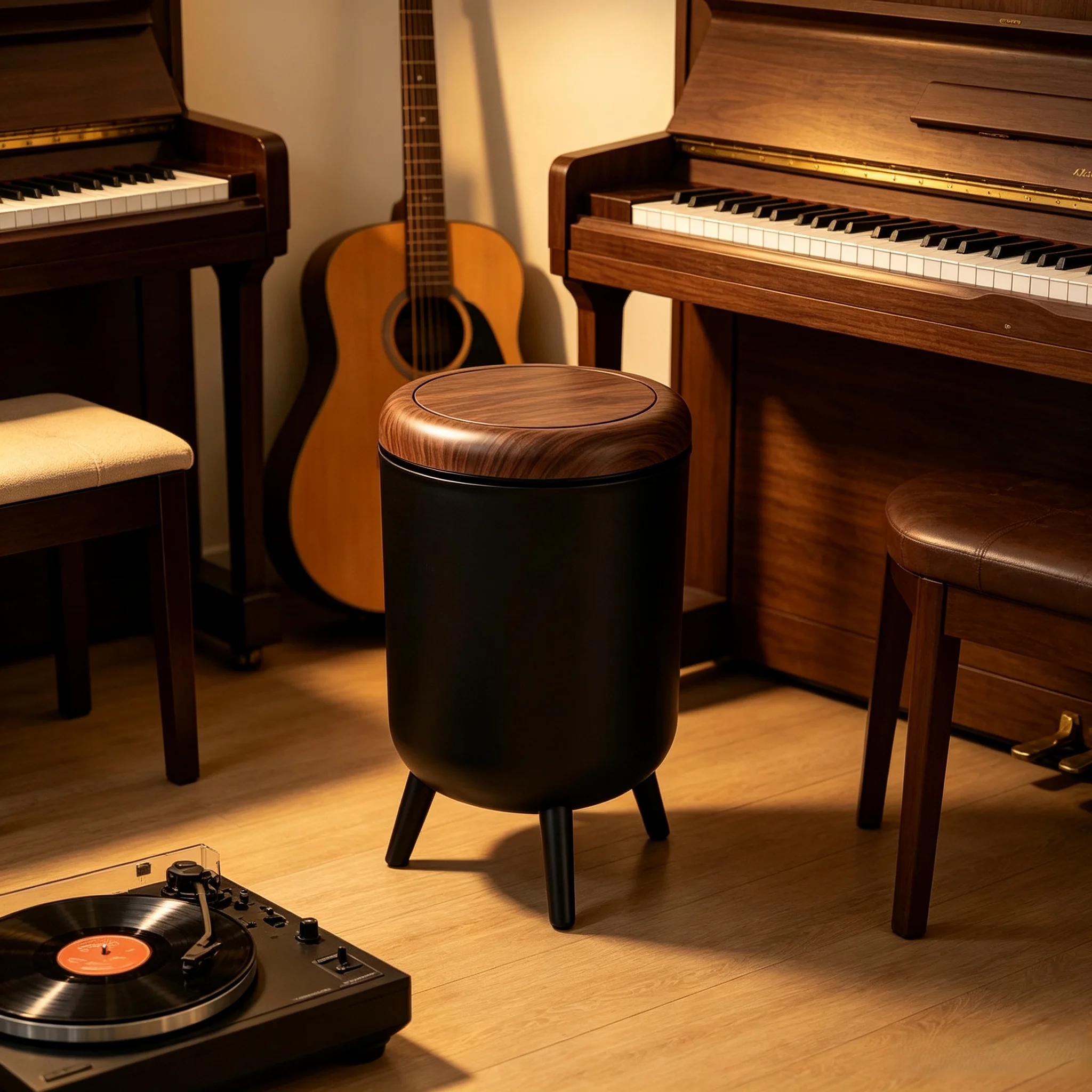 Mid‑Century Round Press‑Top Lidded Waste Can with Tripod Legs, Wood‑Grain Accent Decorative Trash Receptacle for Living Room, Bedroom & Bathroom