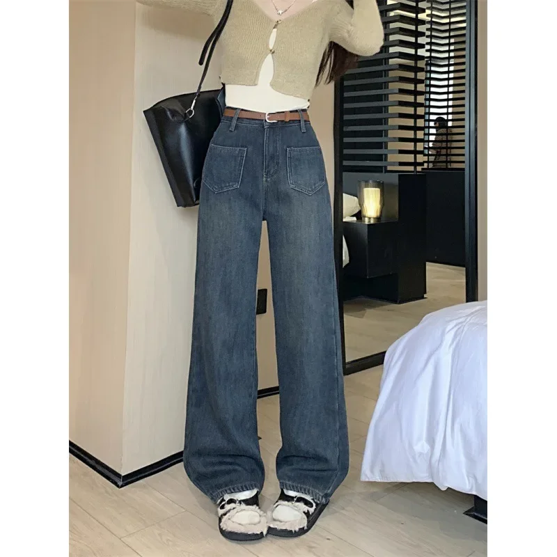 New Arrival Plus Size Curvy Body Shape Fleece-Lined Straight-Leg High-Waisted Slimming Wide-Leg Jeans For Autumn/Winter