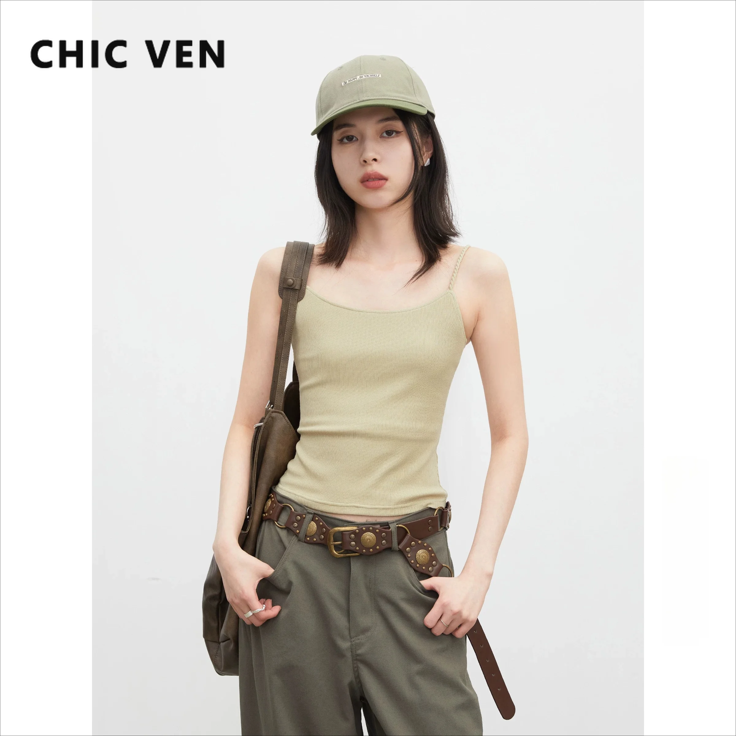 CHIC VEN Fashion Women Tanks Solid Slim Fried Dough Twists Shoulder Strap Short Ladies Sleeveless Vest Tops Spring Summer 2026