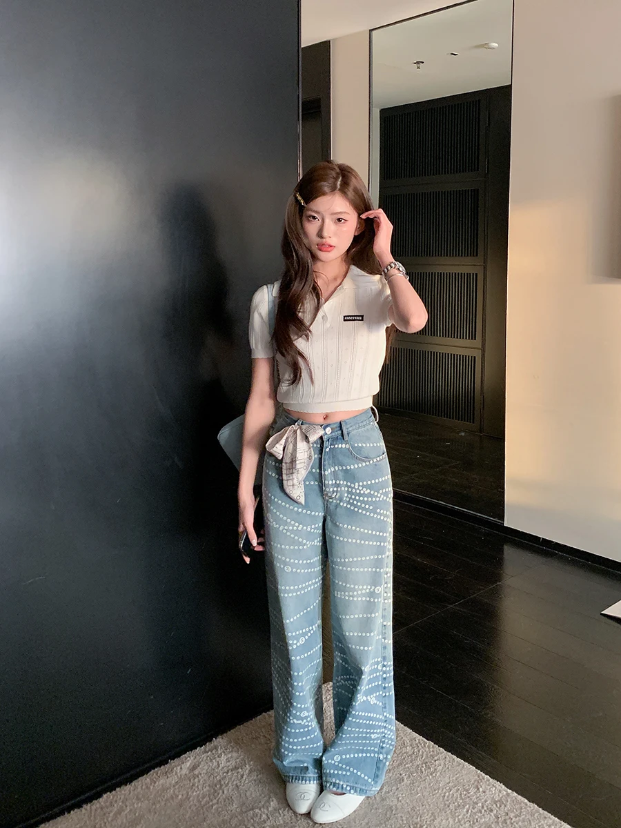 Low Waist Loose Fit Thin Denim Jeans Women's Summer Earth Store Design Sensation Pearl Print Wide Leg Pants Casual Sle