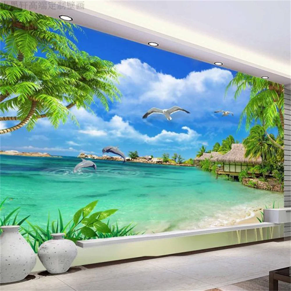 Mural Scenery Seaview Beach Coconut Tree Customized 3D Mediterranean Living Room TV Wall Wallpaper  papel de parede