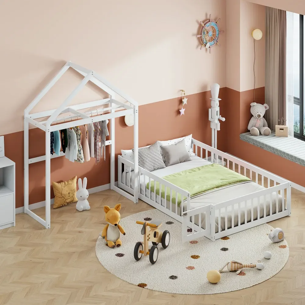 Wooden Floor Bed with Fence Railing and Detachable House Shaped Headboard, Montessori Style Children's Playroom Frame