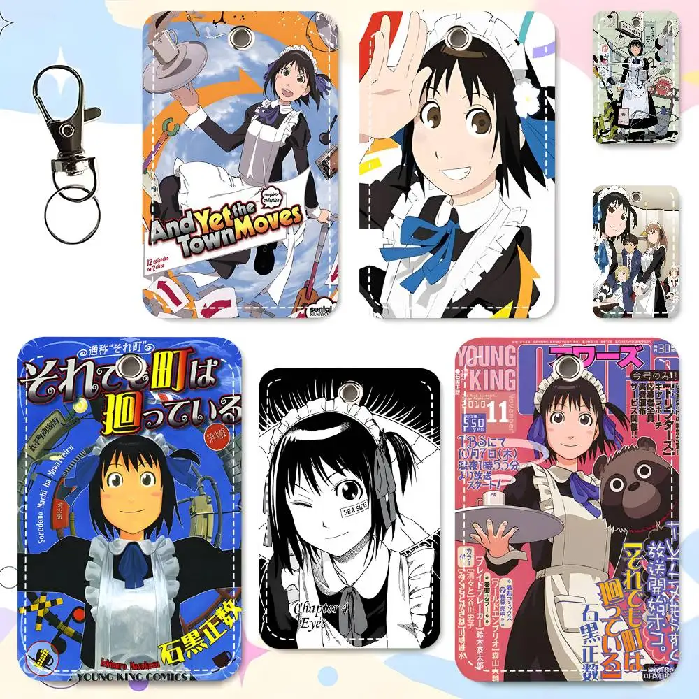 1pc Soredemo Machi Wa Mawatteiru Card Case Keychain Access Card Bag Key Tag Ring Leather Card Holder Key Ring Access