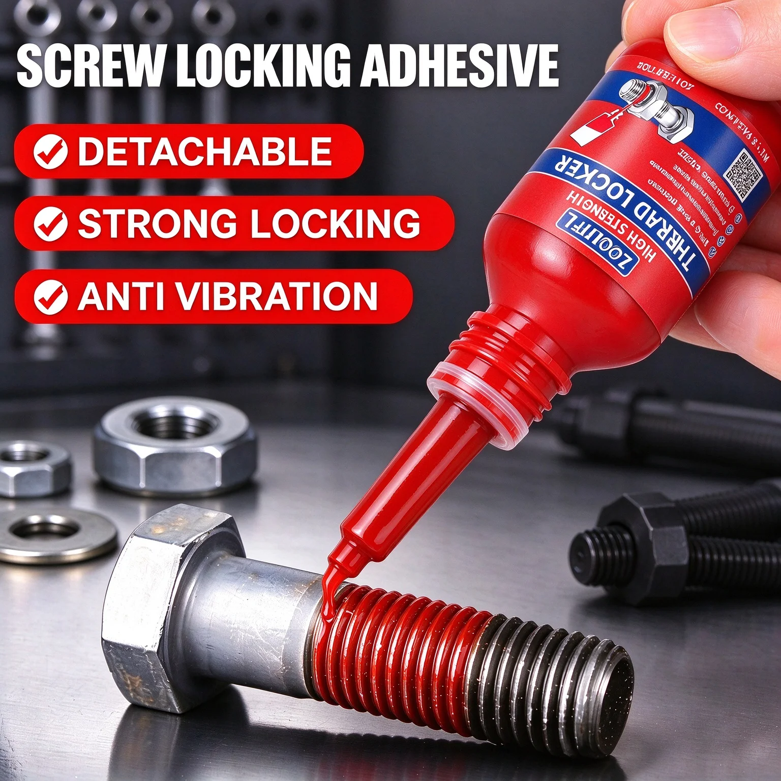 High-Strength Red Threadlocker 10ml Screw Fastening Adhesive Anti-Vibration Thread Sealant Suitable for Repairing Metal Bolts, Nuts, and Fasteners